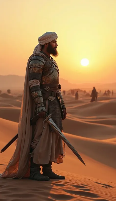 "Captured with the precision of a Canon EOS camera, hyper-realistic, ultra HD, 8K. The vast desert stretches out under the soft light of sunrise. The golden and pink hues paint the endless sand dunes in a serene yet epic landscape. In the foreground, Salah...