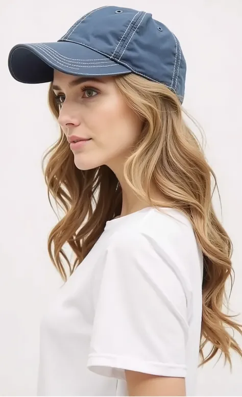  a woman wearing a blue baseball cap with a white shirt and jeans, wearing a baseball cap, wearing a baseball cap,  wearing a baseball cap facing backwards , wearing a baseball cap backwards, wearing baseball cap, head turned to the side,  looking to the s...