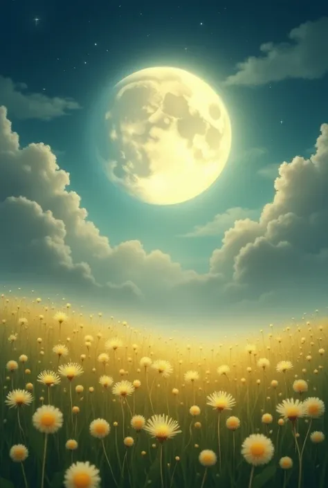 The moon sparkles in the clouds next to the dandelion field