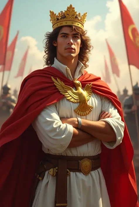 I want to create an image of a noble and valiant leader, a young man of power and conviction who is prepared to lead his people into battle.

The central figure is a man of striking appearance, with fair skin and curly, chestnut-colored hair that frames hi...