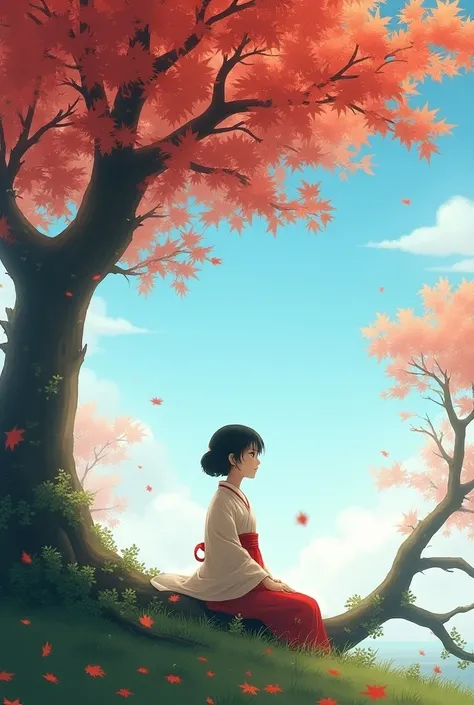 A Japanese girl is sitting under a fallen maple tree and she is wearing a yukita. She see sky ,add details for richness but simply 