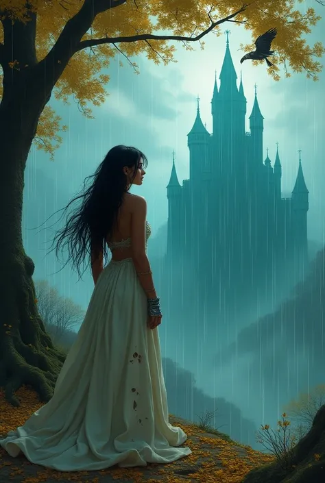 Caramel skinned princess with long flowing black hair, looking from behind at a huge turquoise blue castle. She wears a torn wedding dress, There are a pair of iron gloves on your hands covering your fingers 
and on the back it is possible to see a huge sc...