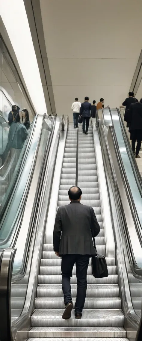 high quality, detailed, a man is a middle-aged man, the man is holding a compact handy mirror, The man is riding on an up escalator, the side view of the man and the escalator,