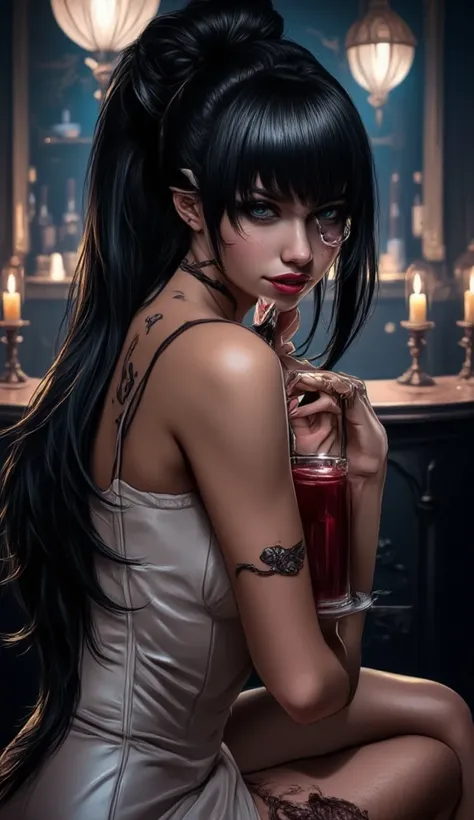 a picture of a beautiful woman  sitting in a goth bar , sipping a dark red cocktail, wearing a white mini dress, full body, slightly hiding the edge of white silk stocking, (vampiric fang: 1.3), wearing high heels, smirking, glasses, black choker, make up,...