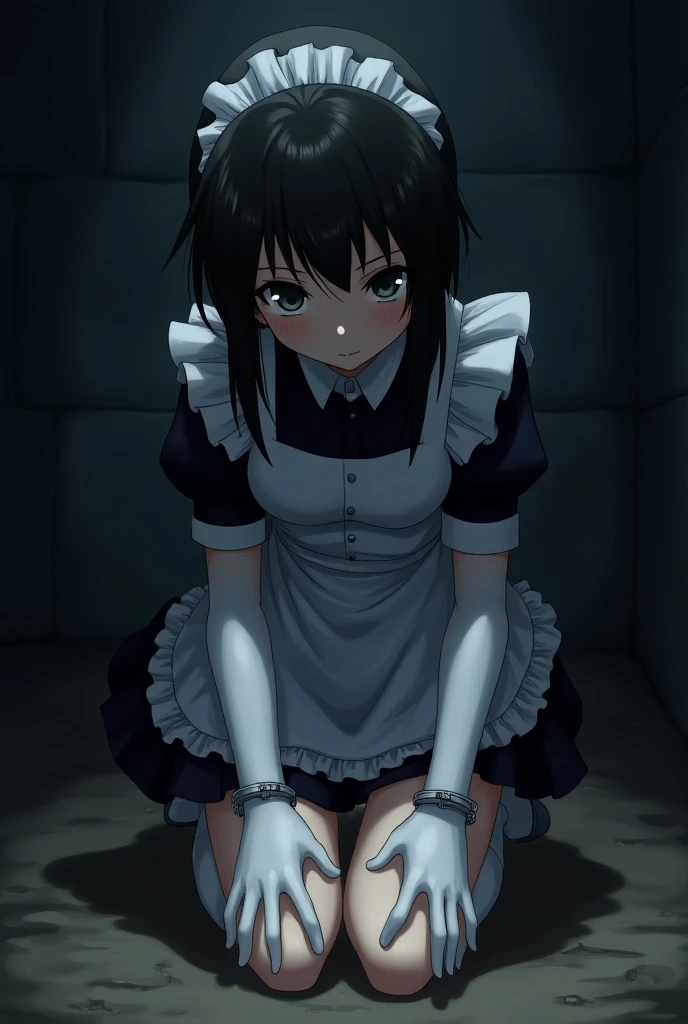 basement，anime maid， White Long Gloves ，put on handcuffs，kneeling，looking down camera, 