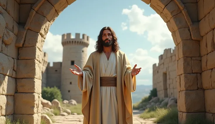 "An image of Jesus Christ in an outdoor setting, surrounded by ancient stone ruins. He is positioned under a stone arch, looking serene and welcoming. Jesus has long, brown, wavy hair and a well-groomed beard He wears a simple white tunic and a light beige...