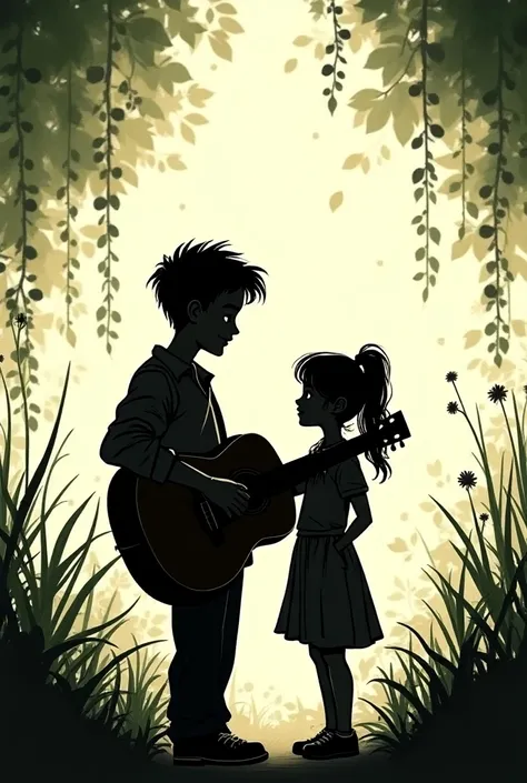 La silhouette dun papa en train de jouer de la guitare avec sa petite fille ayant une queue de cheval juste à côté avec de la végétation tout autour dans un style graphique. Bande dessinée française 2D. Les coups de crayon doivent être extrêmement détaillé...