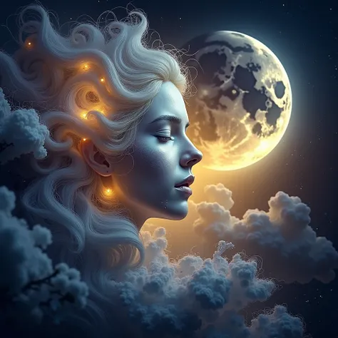 digital white yellow fantastic face art woman and the moon shines brightly full screen 

