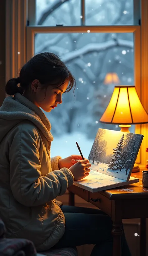  Girl Painting Winter Painting :
Girl sitting by window ,  painting of winter scene ,  with warm golden light from table lamp and sparkling snowflakes outside the window.
