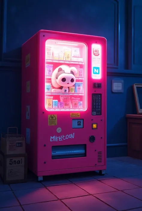 Theres a vending machine that shines brightly on a dark night. .  Theres a small webtoon character inside that vending machine, so .  its a pink vending machine, and the name of the vending machine is Toon vending.. 
Draw an illustration
