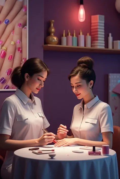 Manicurist sitting at manicure table attending to a woman ,  beauty salon with purple walls and painted nail poster 