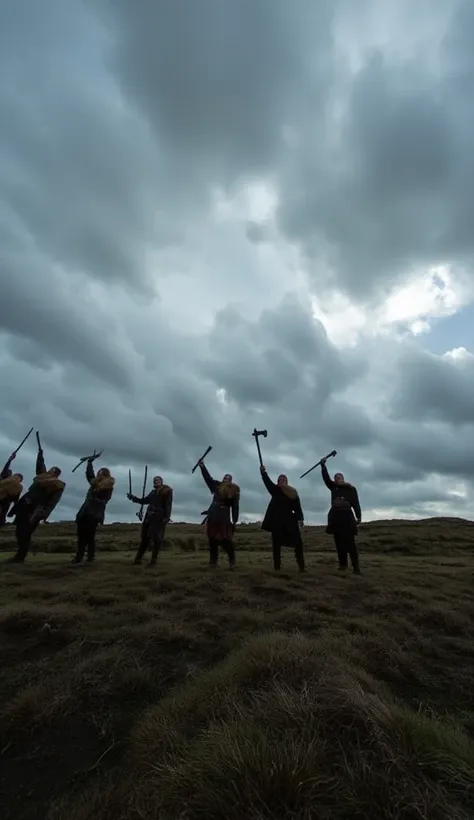 cinematic a group of viking warriors on a hill, with weapons raised in a gesture of determination. the sky is dark and filled wi...