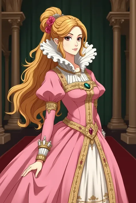 1400s Anime, Renaissance Princess Zelda wearing a Pink Dress with a Massive Medici Popped Collar