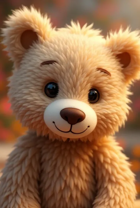 
A close-up of a teddy bear with button eyes and a stitched smile, looking inviting and cheerful. With a beautiful background