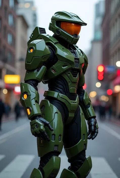  robot with a paraphic look ,  standing on a city street at a red light,  Halo Infinite mielnir armor , full body  mechanical suit ,  mechanical suit ,  from doom eternal, metallic green armor ,  Mechanical suit , , the , DOOM Slayer, Samus-like, green arm...