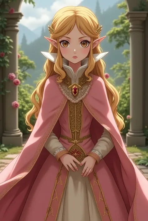 1400s Anime, Renaissance Princess Zelda wearing a Pink Dress with a Cape and a Massive Medici Popped Collar