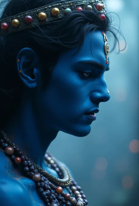  Anime high definition side face of teenage boy lord kalki last avatar of lord vishnu looking balanced between calmness and anger blue complexion. The image should look techno type and gaming cinematic with. I need it for a youtube podcast banner and logo....