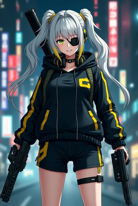 Cyberpunkコスチューム, hooded jacket with yellow lines on a black base, shorts with yellow lines on a black base ,Futuristic clothes ,Cyberpunk, twin tails with lots of hair ,Pure white skin,Yellow-green eyes,Tall, gaming headphones around the neck , two-tone ha...