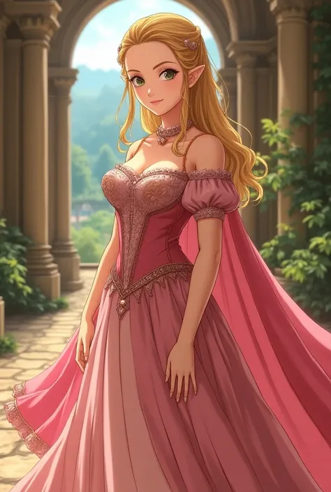 1400s Anime, Renaissance Princess Zelda wearing a Pink Dress with a Massive Medici Popped Collar and a cape 