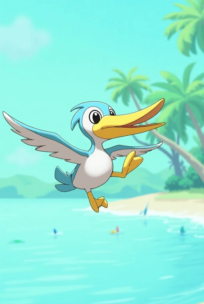  Pelipper hovers over a tropical coast with palm trees in the background .  His large beak is open ,  as if he has just caught a fish .  The water splashes around him ,  and the colors are lively and inviting — shades of blue and green dominate the scene. ...