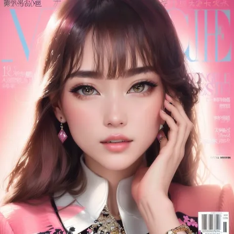 a close up of a woman on a magazine cover with a pink dress, Vogue表紙 : :, Vogueレンダリング, magazine, Vogue表紙 style, vogue magazine cover, Vogue表紙, Cover photo, Vogue style photo, Vogueの表紙, on the cover of a magazine,  , cover magazine, stunning cover magazine,...