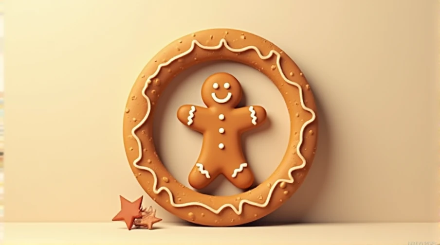 gingerbread cookies ,  round gingerbread frame, beige background,  Minimalism, ginger man on a background  , business card  