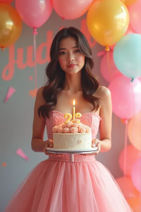 A beautiful 22th Indonesian woman wearing a beautiful party dress has a birthday cake on top of which there is a candle with the number 22 and the name of the buds on the background written " Happy Birthday decorated with colorful balloons 