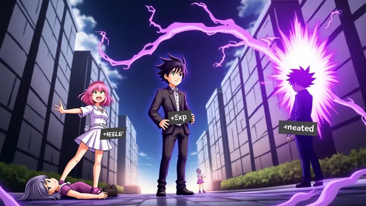 "An intense anime scene filled with power and mystery. In the center, a black-haired male character stands with glowing purple energy surging from his body, labeled with +EXP, +STR, and +LVL, indicating his increasing strength. On his right, a nurse with s...