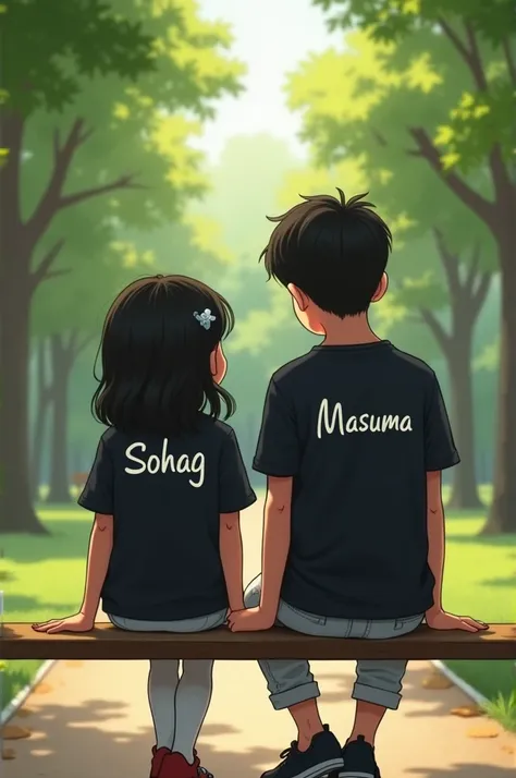 A boy and a girl are sitting on a bench in a park wearing black shirts and white pants.  Sohag is written on the back of the boys t-shirt and Masuma is written on the back of the girls