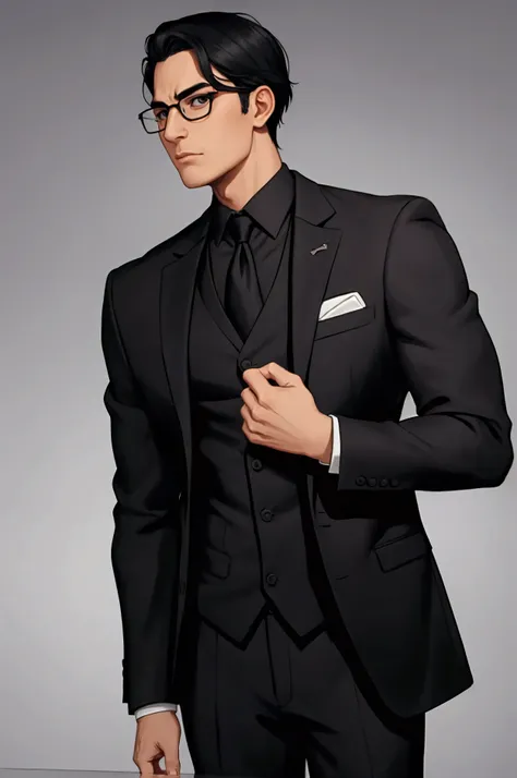 Man in black suit, glasses, black hair, black eyes