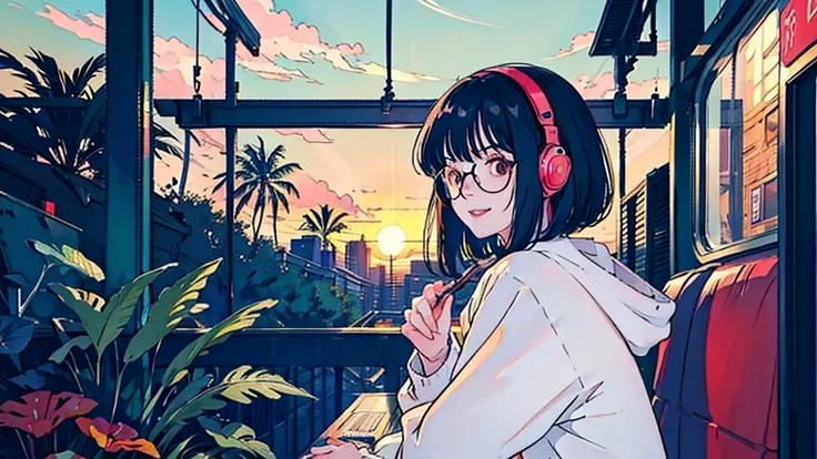 anime　girl　Black Hair　Glasses　smile　On the train　Headphones　Short　 palm trees　evening　sun