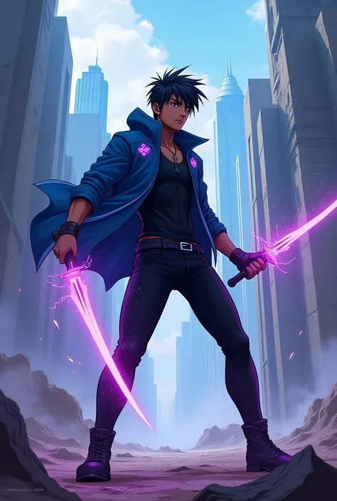 A 2D animation art of an Indian superhero wearing a short, sleek blue jacket inspired by Sung Jinwoo from Solo Leveling. The jacket has subtle glowing patterns, paired with fitted black pants and dark combat boots. The superheros expression is intense, sur...