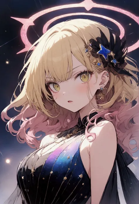 Gacha like splash art, waist length Wavy blonde hair, Young lady with green and golden eyes, big round clock behind her, serious expressions、open mouth, small hair accessories, Small earrings、stars surrounding her, elegant galaxy themed gown, looking at th...