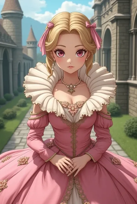 1400s Anime, Renaissance Princess Zelda wearing a Pink Dress with a Massive Popped Collar