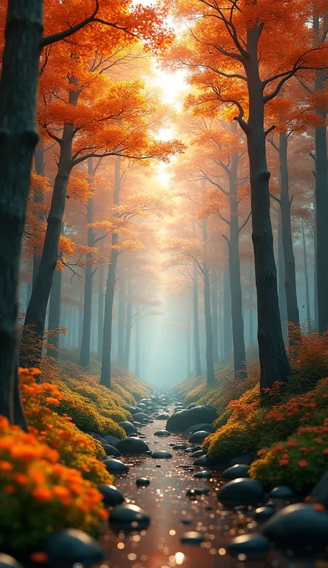 A extremely masterpiece 8k 3d animation image of the very beautiful forest with many trees with orange colour environment 