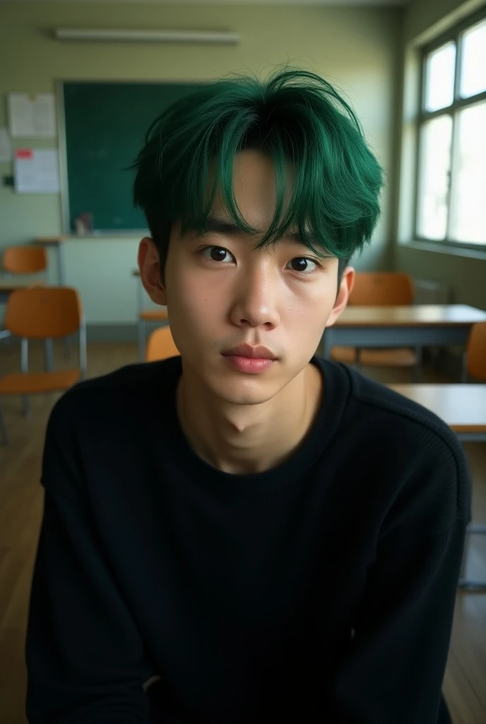 
man, young man, mens hair is green, green eyes, black sweater, photo shoot, in class, realistic light and shadow, extremely detailed