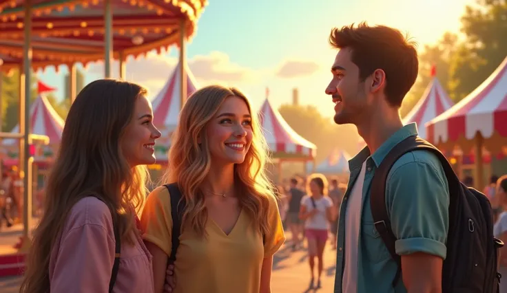 create a realistic human image "Lila and Chloe standing side by side at a bustling spring festival, spotting Jake for the first time. The background is filled with colorful carnival rides, booths, and students laughing. Jake, tall and handsome, stands near...