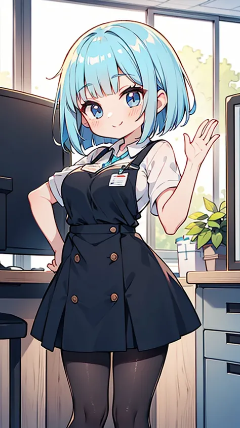 light blue hair, cool style bob hair, dark eyes, (petite, loli face), big_breasts, shiny dark black pantyhose, smile,((Female office worker outfits))