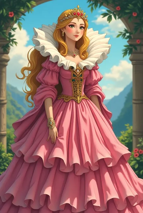 1400s Anime Renaissance Princess Zelda wearing a Pink Dress with a Massive Medici Popped Collar thats taller than her head