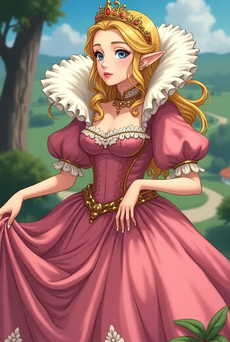 1400s Anime Renaissance Princess Zelda wearing a Pink Dress with a Massive Medici Popped Collar thats taller than her head