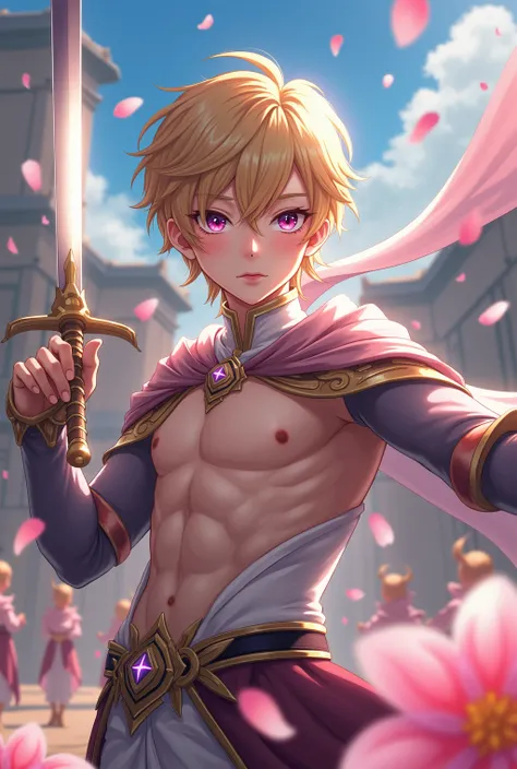 1 beautiful young teenage boy with golden hair and purple glow eyes, light blush, and a hair ornament, with a baby face with fair skin and slim, toned, slender and chiseled body with nice abs and 6 packs, big biceps, wearing revealing clothes and fancy cap...