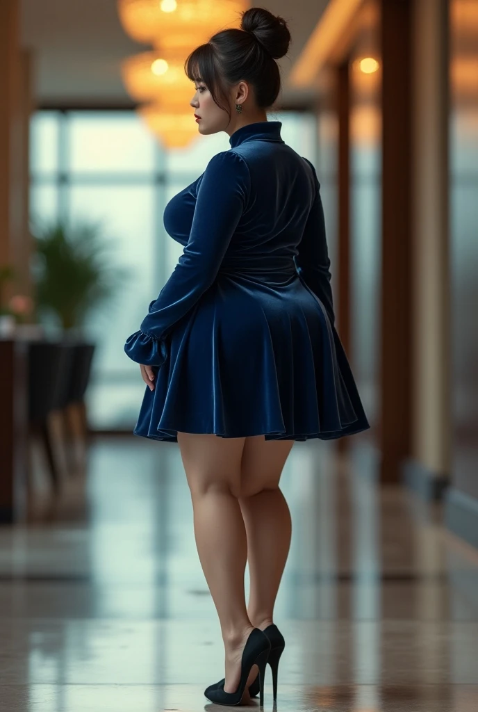 Voluptuous curvy china slut with Bun hair big boobs and big ass wearing blue Velvet long sleeve mini choked neck and flared at the bottom dress and high heels walking on office lobby POV from side