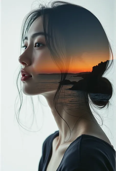 high quality, 8K Ultra HD, A beautiful double exposure that combines an goddess silhouette with sunset coast, sunset coast should serve as the underlying backdrop, with its details incorporated into the goddess , crisp lines, The background is monochrome, ...