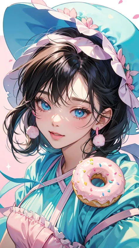  covering her head with light pink icing 、 is the rabbit Nam from Cruller Girl with light pink icing {x} lightly powdery.  she has a small smile , With a wink、 is wearing a powdered doughnut ribbon . There are bite marks on her left ear . Sparkle; Sparklin...