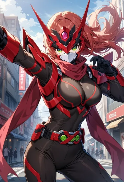 masterpiece,  best quality,  High Resolution , 非常にdetailedなCG,  1 girl, Transformation Heroine, Transformation Belt, ((red_hair)), Internal mechanism, No mask,  (red_scarf), mecha armored, Roadshow, street, Combat Stance,  viewers, Hero Pose,detailed, Look...