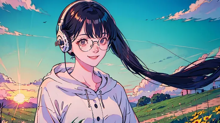 anime　girl　Black Hair　Glasses　smile　Headphones　Short　evening　sun　Magnificent Grassland