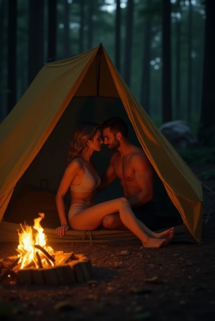 beautiful 45 years old woman and 21 years old young man, Both of them are camping in the depths and solitude of the forest, Theyre doing naughty things inside the tent in the camp, night, camp, fire, tent, sexy mom, muscular tiny young man, Theyre only wea...