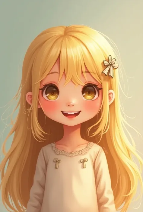 cute little baby Long Hair, Looking at viewer, Open Mouth, Bangs, Blonde Hair, Ribbon, Hair Between Eyes, Ponytail, Smile, Yellow Eyes, Hair Clip, 