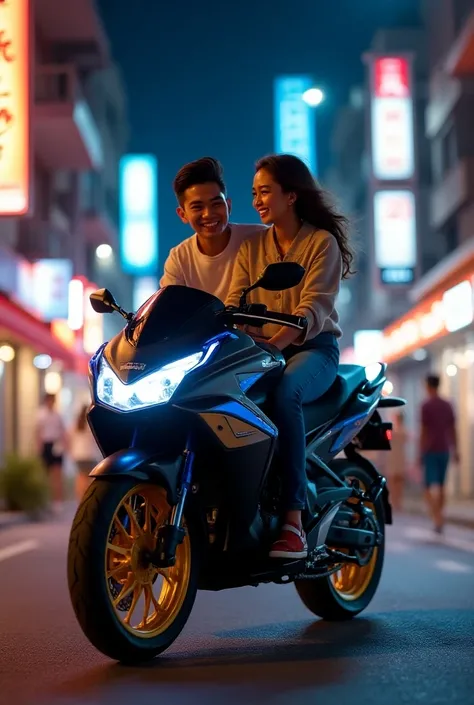 a pair of young lovers , 20 tahun,  driving a Honda Aerox motorcycle . detail motor terperinci, pelek emas dan shockbreaker berwarna biru glossy,  neighborhood of a metropolitan street at night