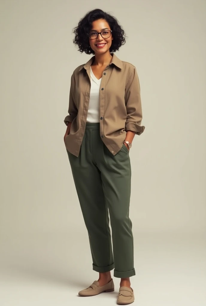 woman aged 40-45 ,  with short black hair,  with round glasses , Latina, smiles, в full height, dark skin, full height, pants, leg slip-ons